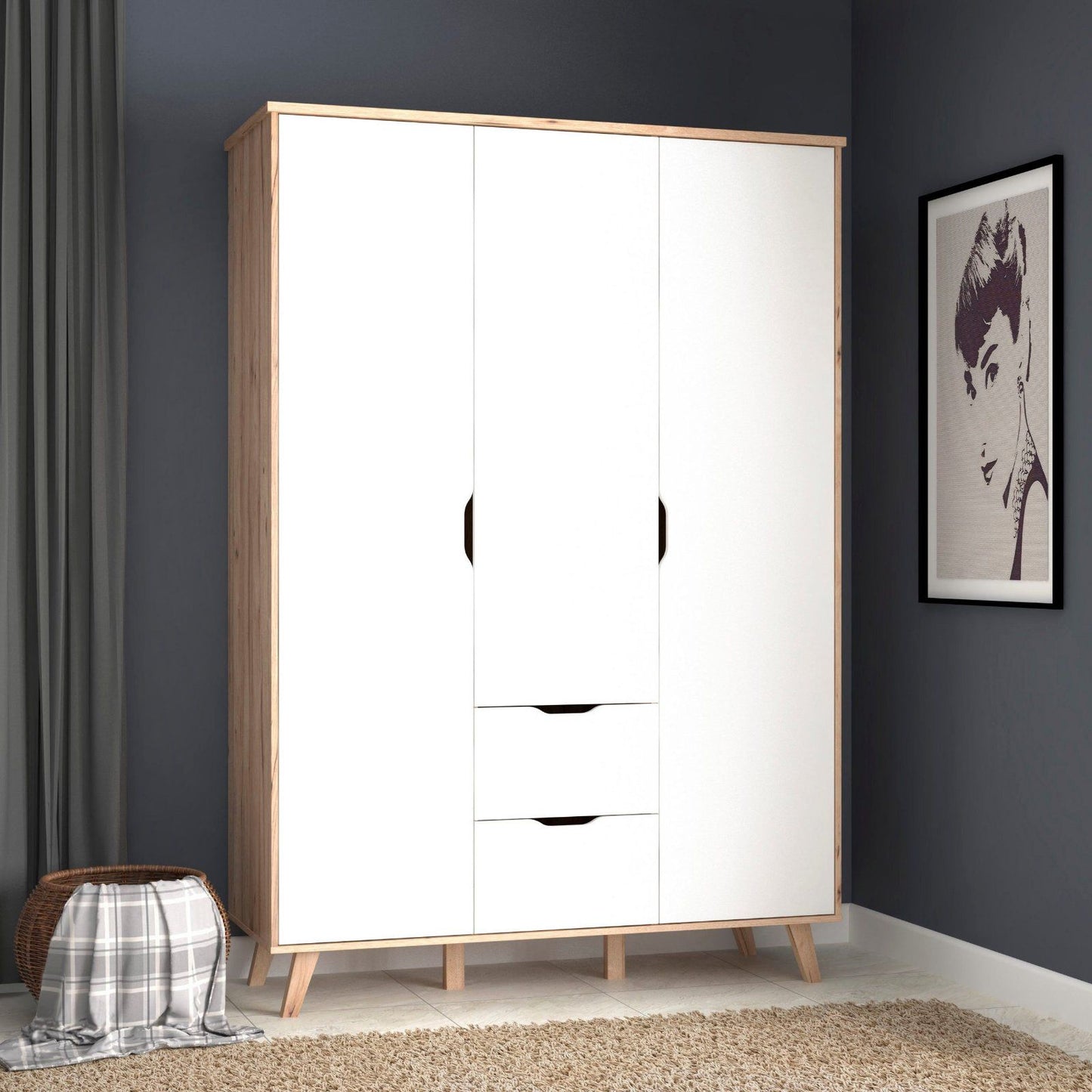 Drehtürenschrank Vankka in Planken Eiche/Weiss