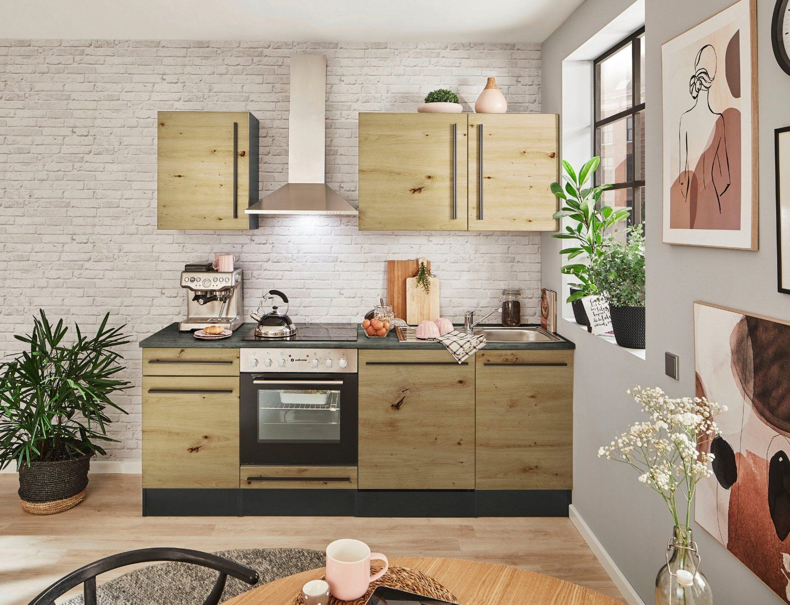 Küchenzeile »Jazz« Breite 220 cm mit E-Geräten anthrazit/artisan eiche-metallic braun