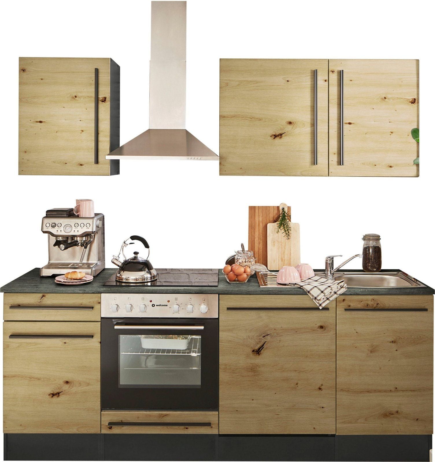 Küchenzeile »Jazz« Breite 220 cm mit E-Geräten anthrazit/artisan eiche-metallic braun