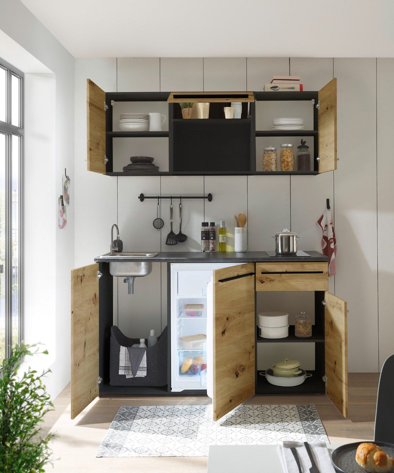 Pantryküche Jazz Singleküche, Breite 160 cm, eiche/anthrazit