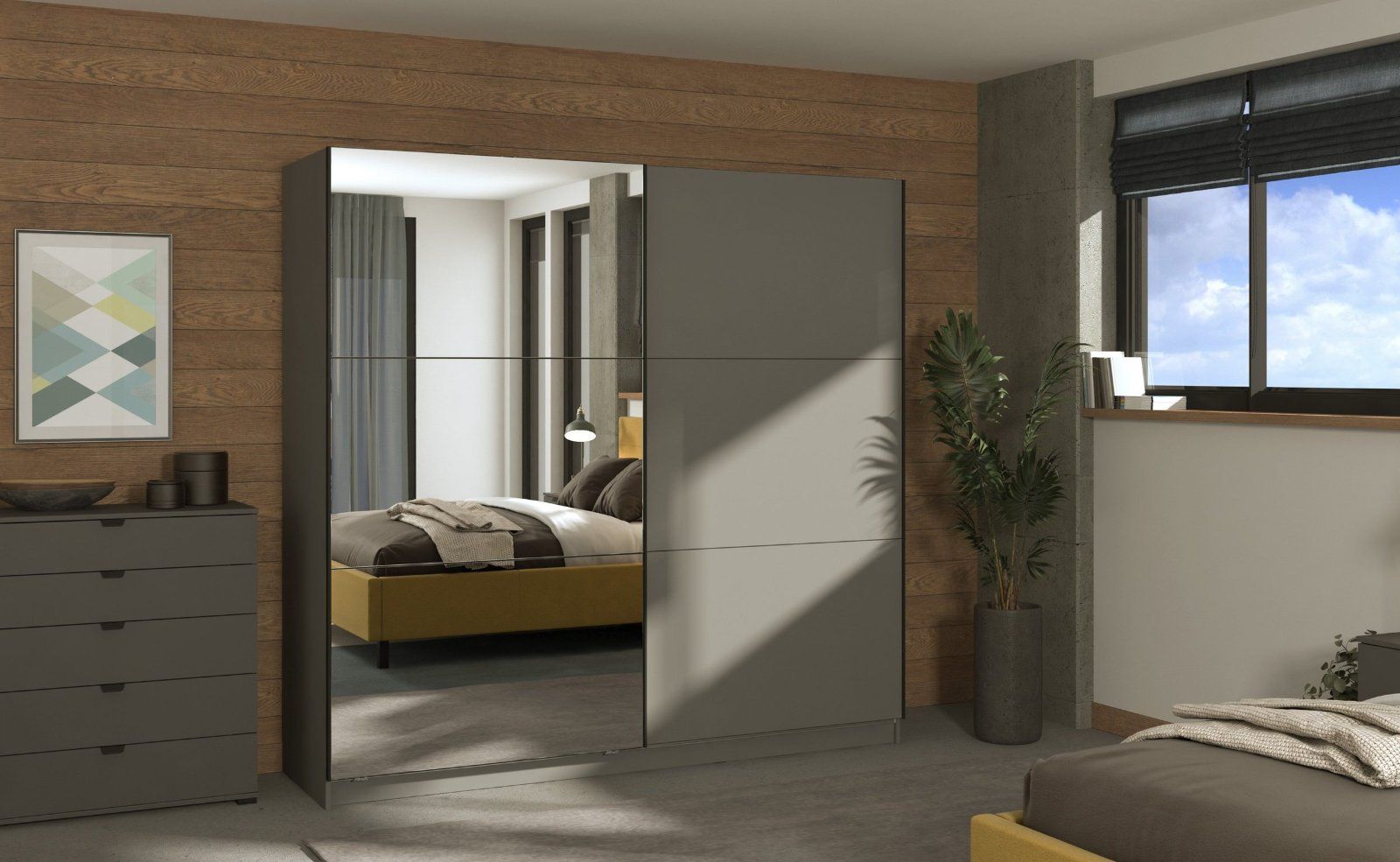 Schwebetürenschrank »Sierra« mit Spiegel in Graphite grau