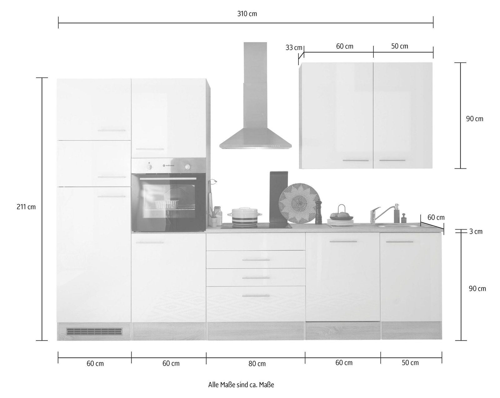 Küche Laurel, BASIC by Balculina Breite 310 cm, ohne E-Geräten