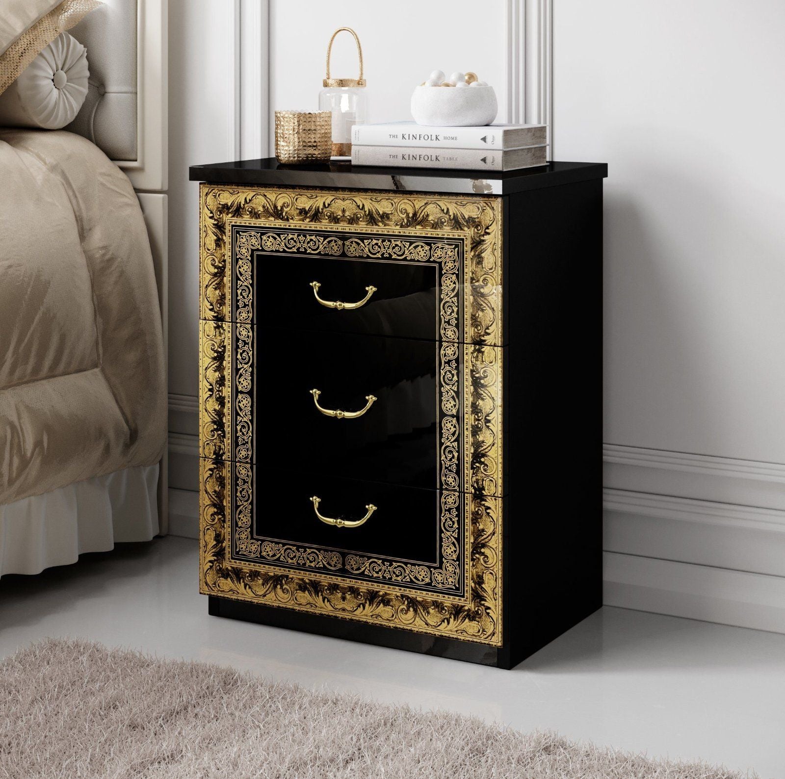 Nachttisch »Eliza« 2èr Set Barock-Stil Lack / Abs. goldfarben