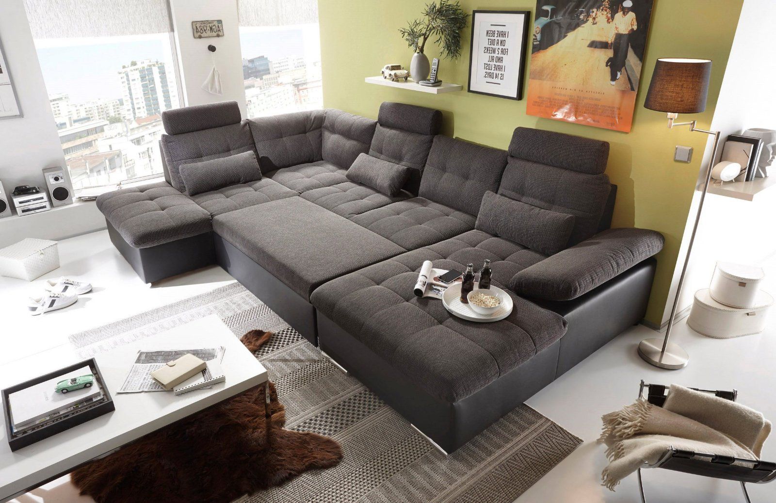 Wohnlandschaft Jakarta, mit Bettfunktion, Bettkasten, Kopfstützen in schwarz