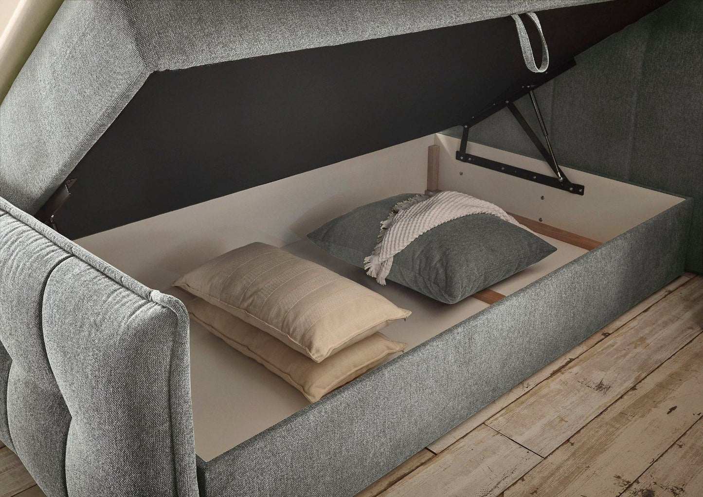 Boxbett Thompson, 140x200cm inkl. Bettkasten und Topper in grau