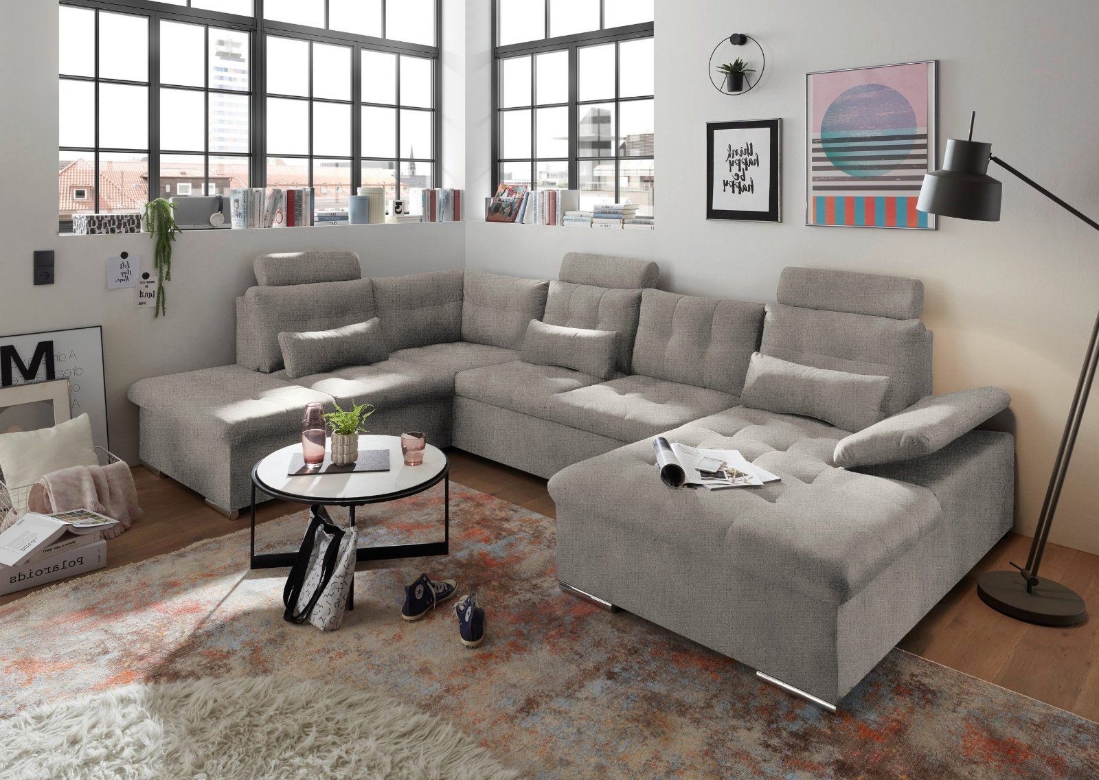 Wohnlandschaft Jakarta mit Bettfunktion und Bettkasten in grau - beige