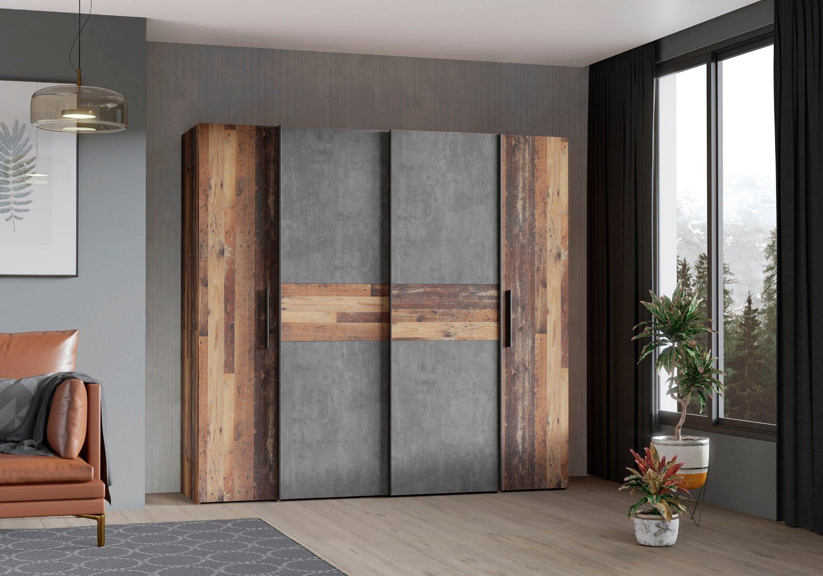 Kleiderschrank Kalixtus in Old-Wood Vintage/Betontopik Dunkelgrau