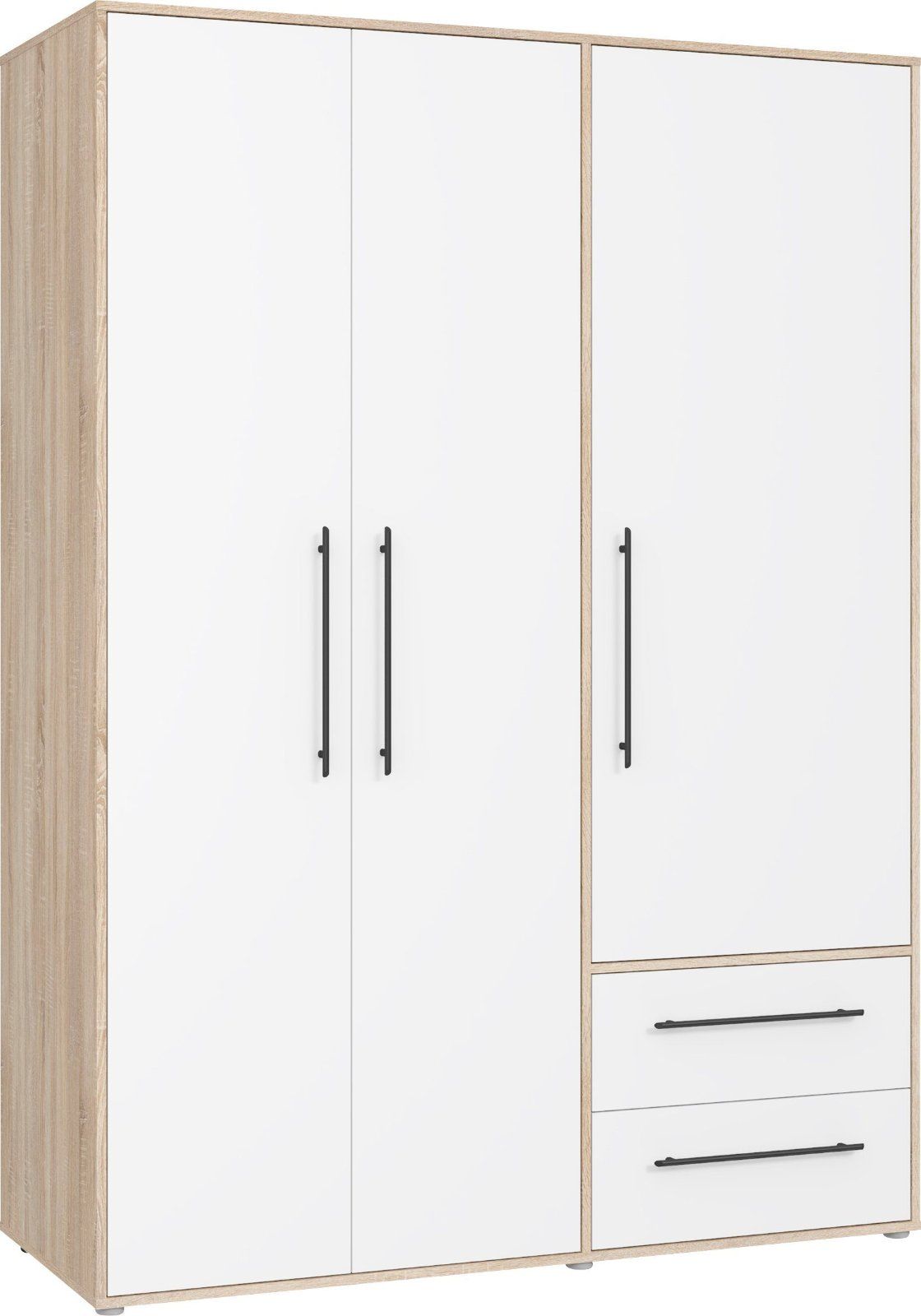Drehtürenschrank mit Schubladen und Stangengriffen in eiche weiß