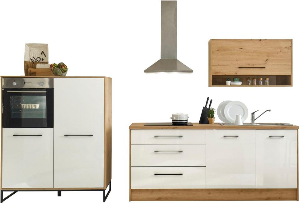 Küche »Seattle« inkl. E-Geräte in weiß hochglanz - artisan/eiche