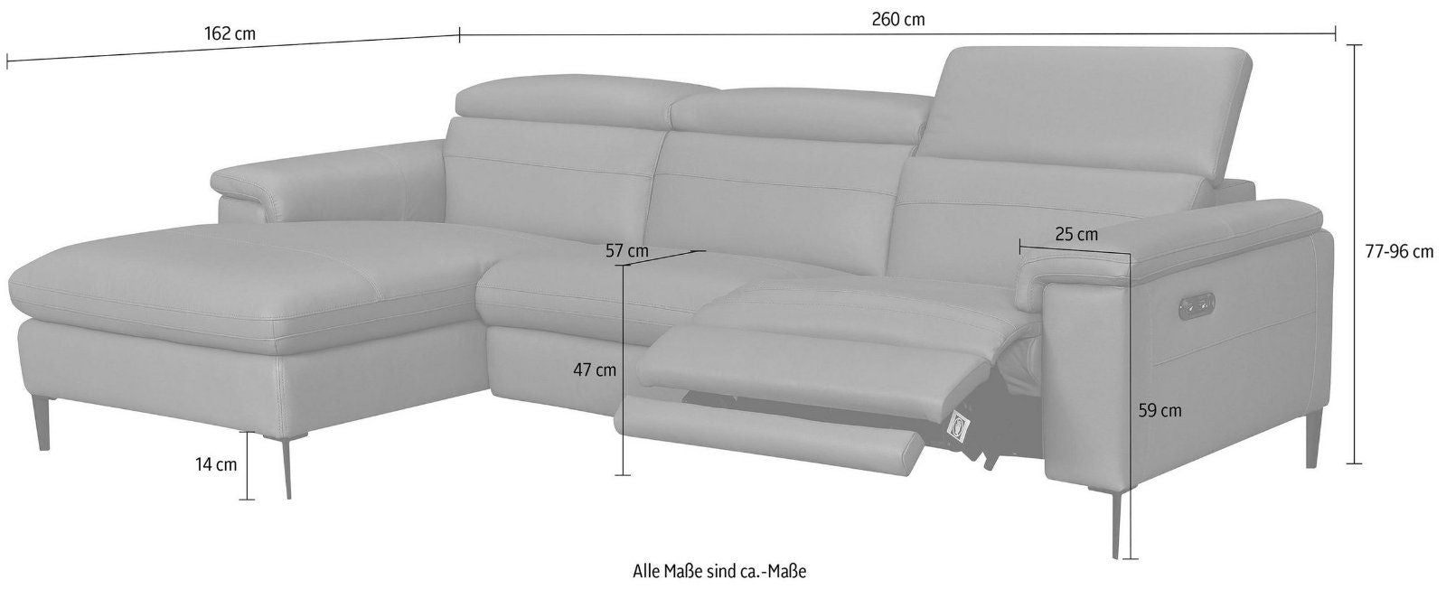 Ecksofa Sacramento elektrische Relaxfunktion Leder dunkelgrau