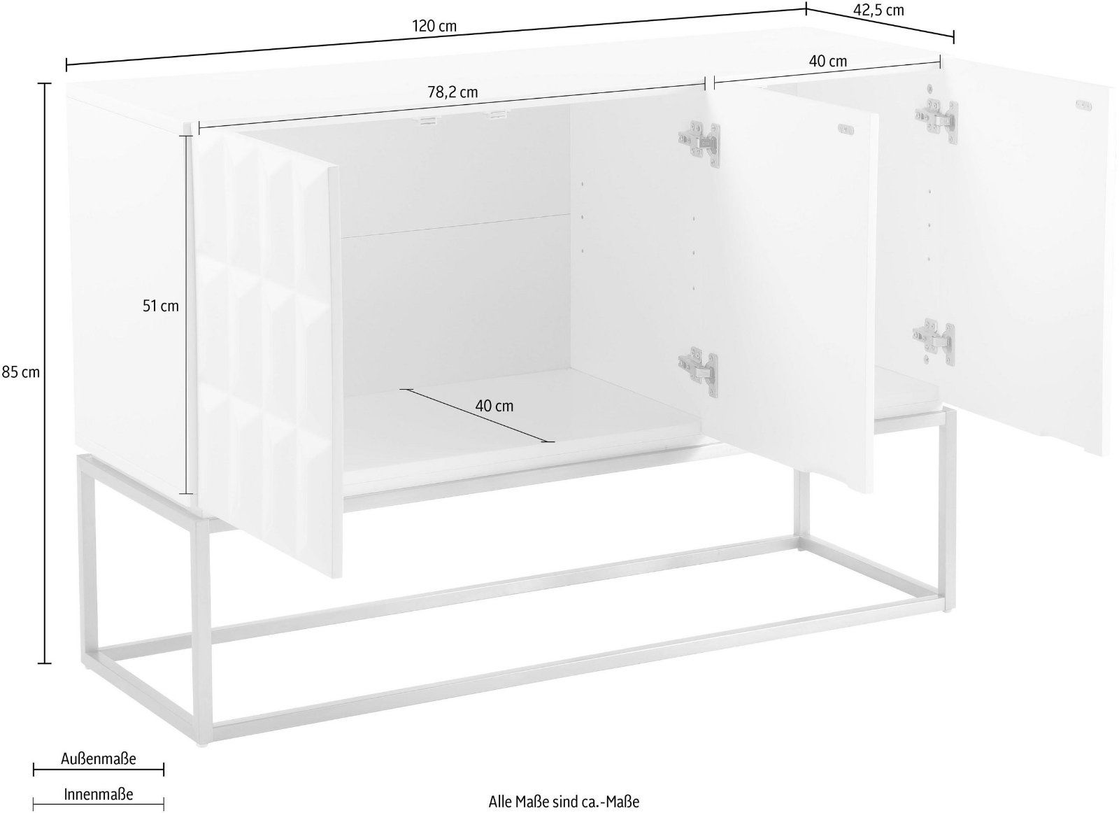 Sideboard »Alais« 3D-Optik weiß und goldfarbenem Metallgestell