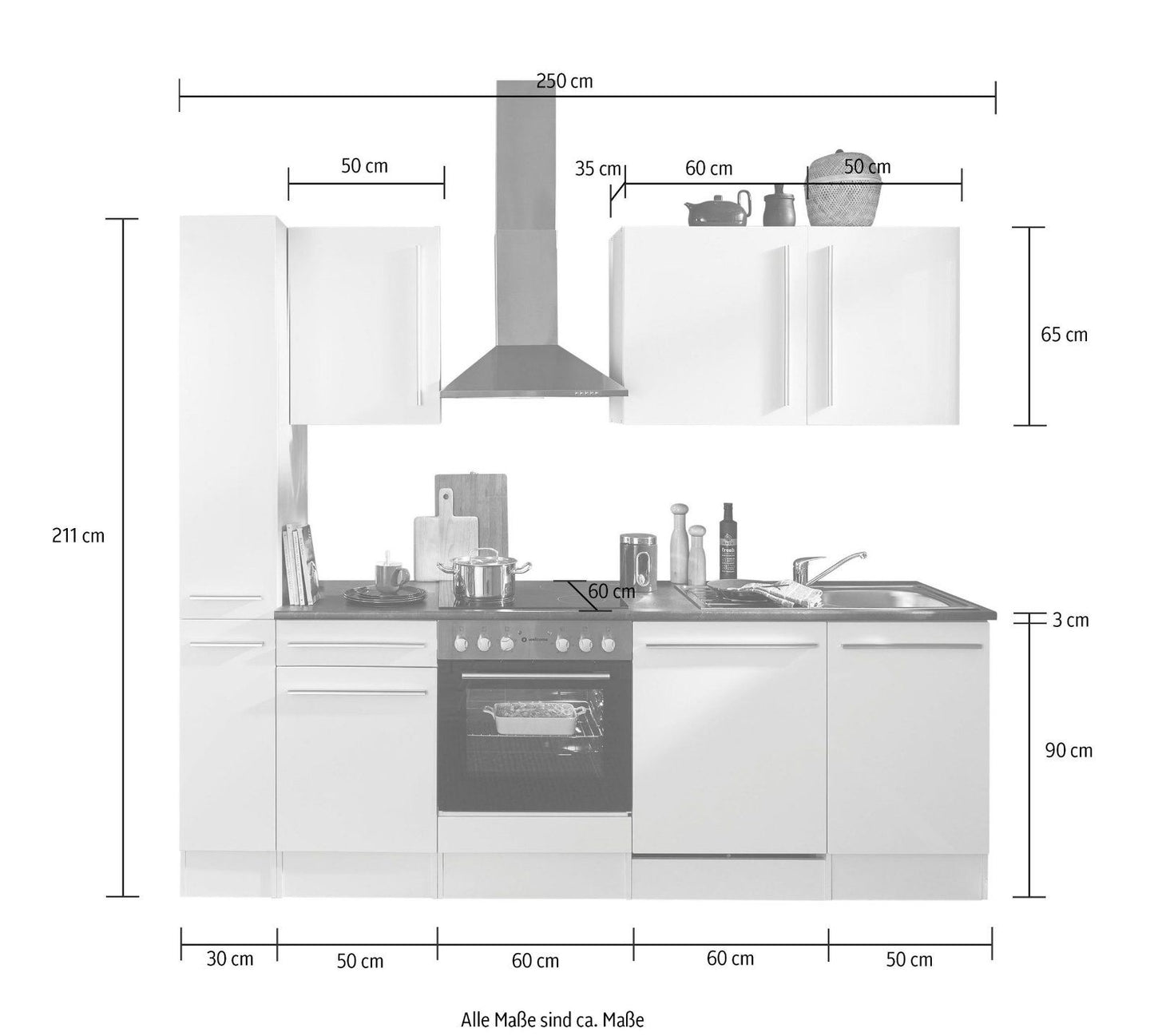 Küchenzeile »Jazz« mit E-Geräten weiß Hochglanz-stone dark 250cm