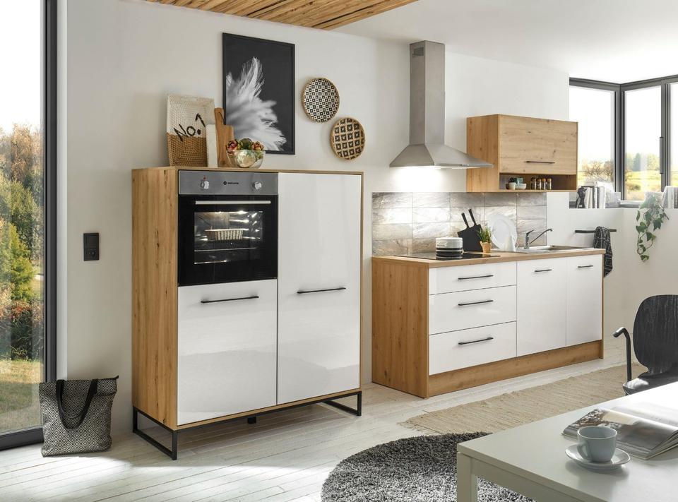 Küche »Seattle« inkl. E-Geräte in weiß hochglanz - artisan/eiche