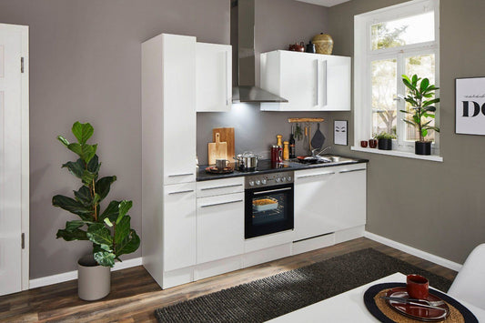 Küchenzeile »Jazz« mit E-Geräten weiß Hochglanz-stone dark 250cm