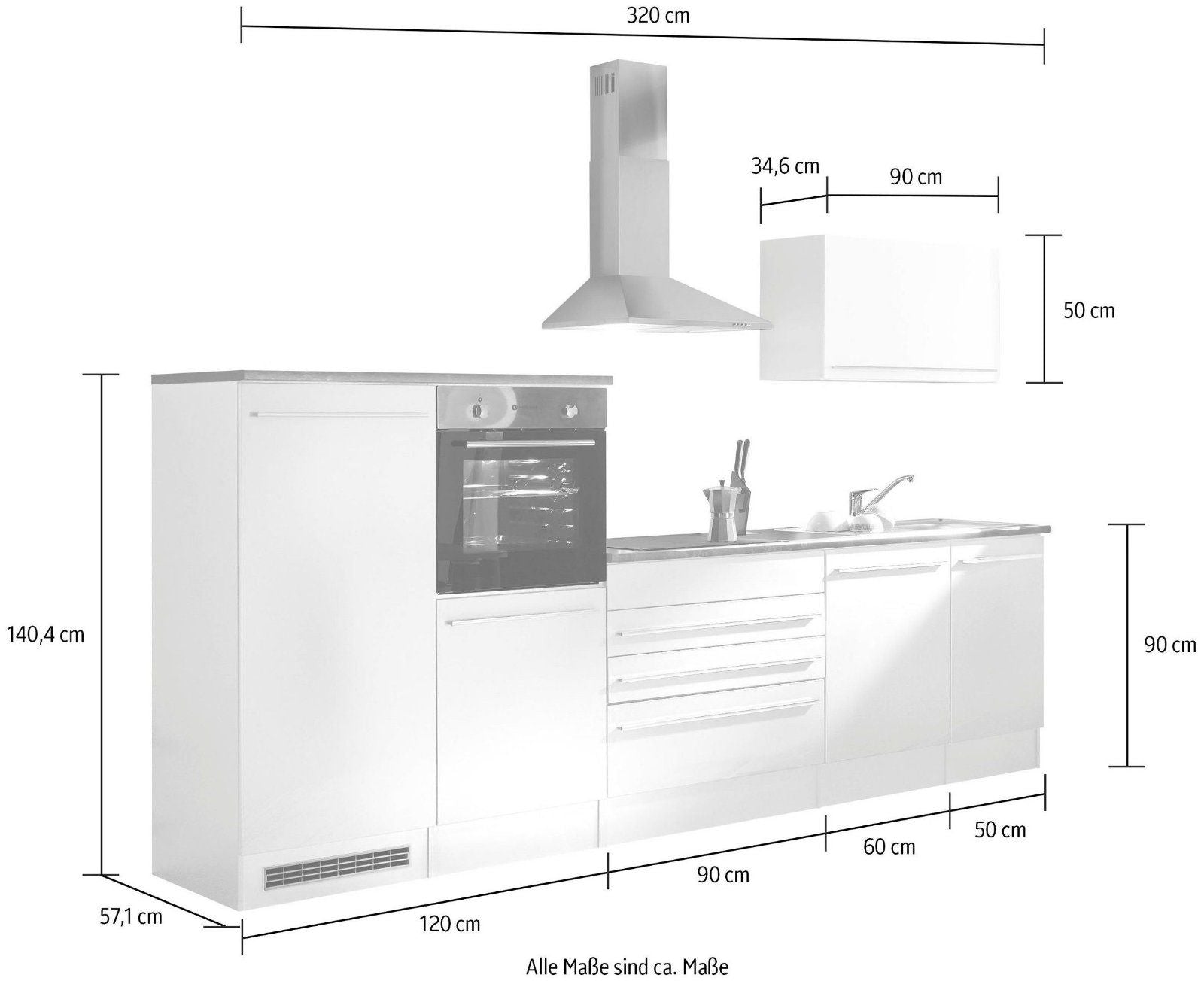 Küchenzeile Jazz ohne E-Geräte in weiß Hochglanz-stone dark, 320cm