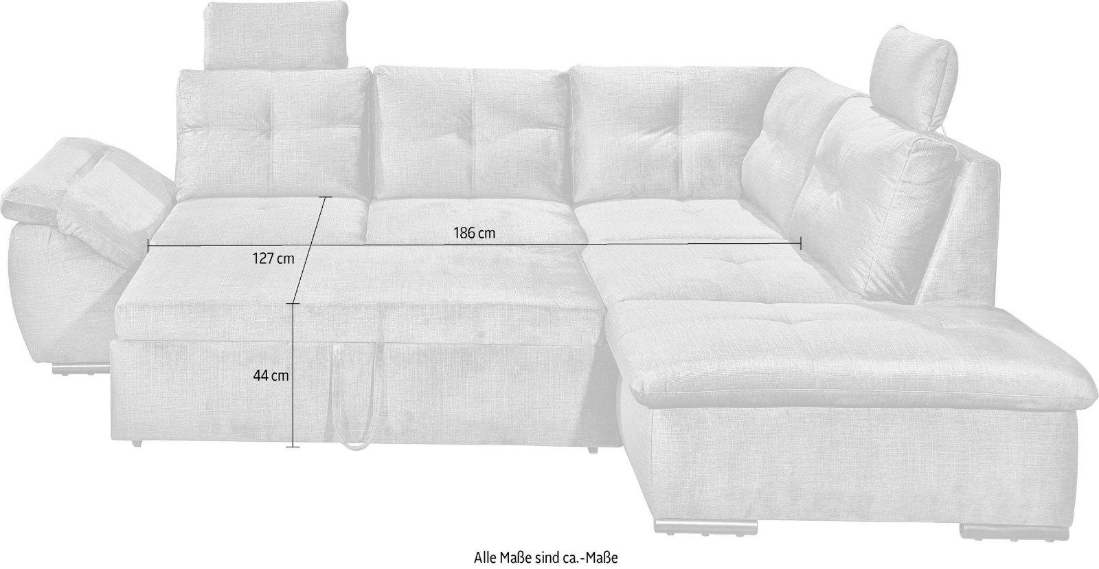 Ecksofas Alija L-Form inkl. Schlaffunktion und Bettkasten grau