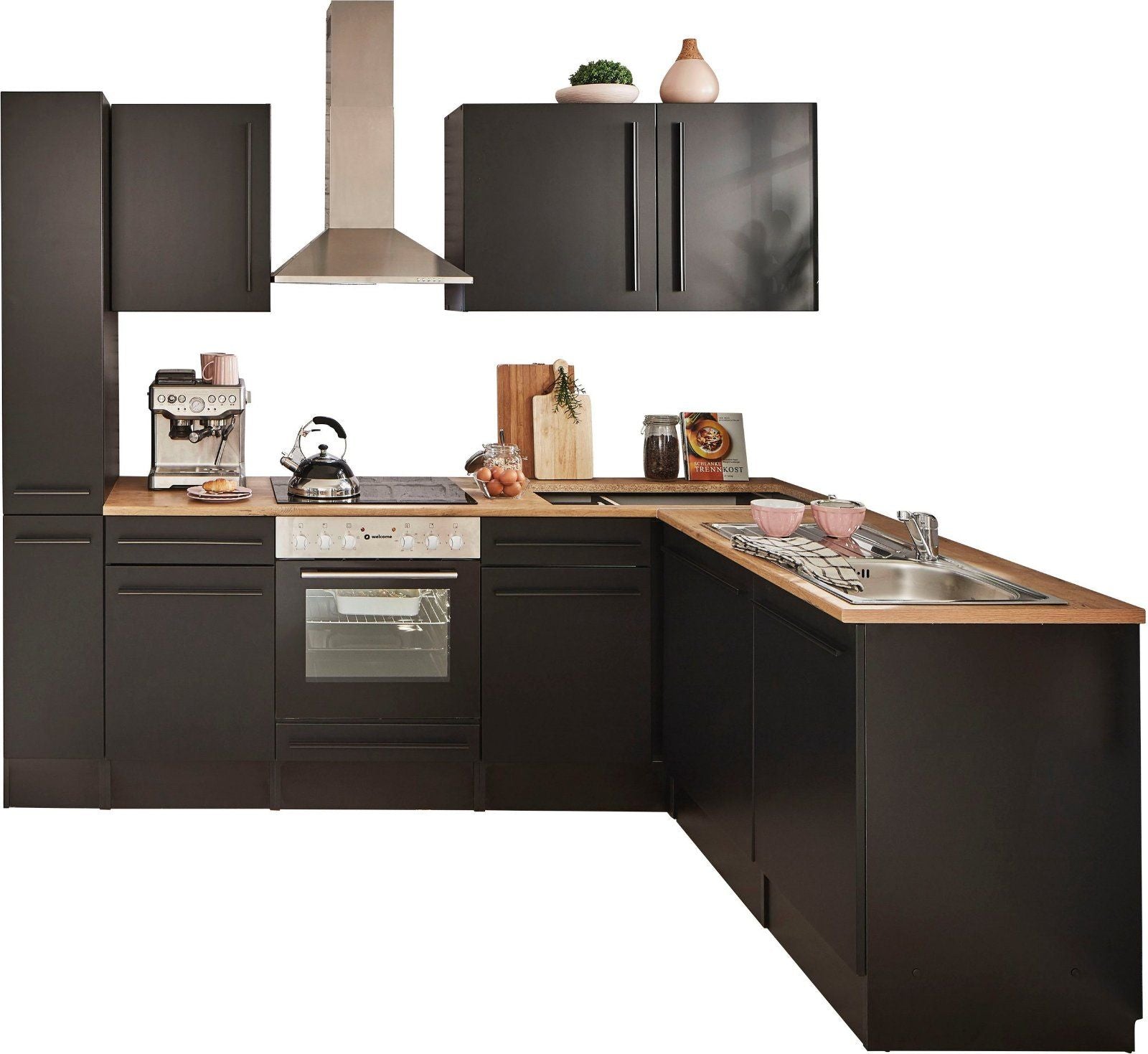 Winkelküche Jazz, Stellbreite 250x175 cm, mit E-Geräten in schwarz-lanzelot eiche | schwarz matt