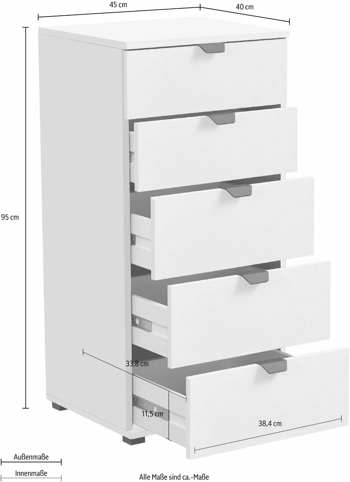 Hochkommode »Duero«, mit 5 Schubkästen, Breite ca. 45 cm Weiß