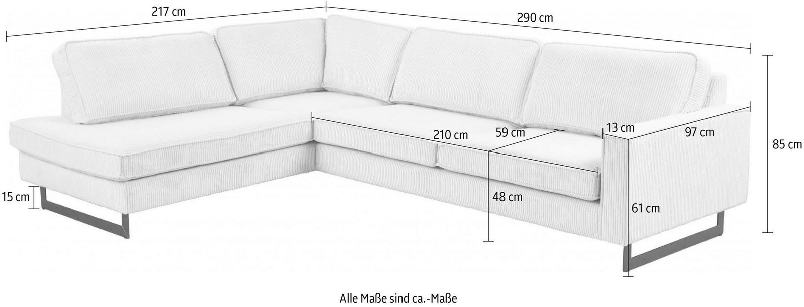 Places of Style Ecksofa Pinto, 290 cm in Cord creamfarben