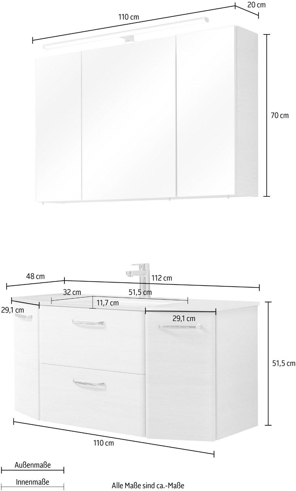 PELIPAL Badmöbel-Set Quickset 2-teilig, Glas-Waschtisch mit LED