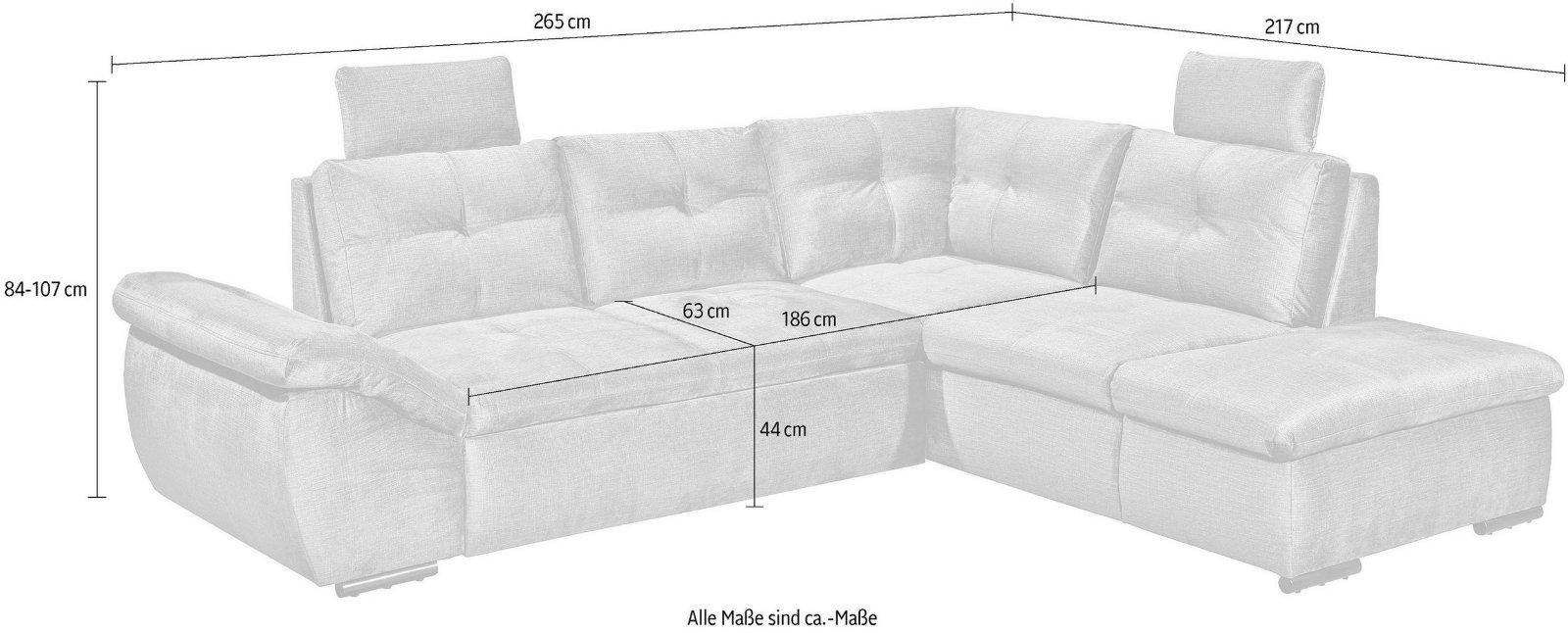 Ecksofas Alija L-Form inkl. Schlaffunktion und Bettkasten grau
