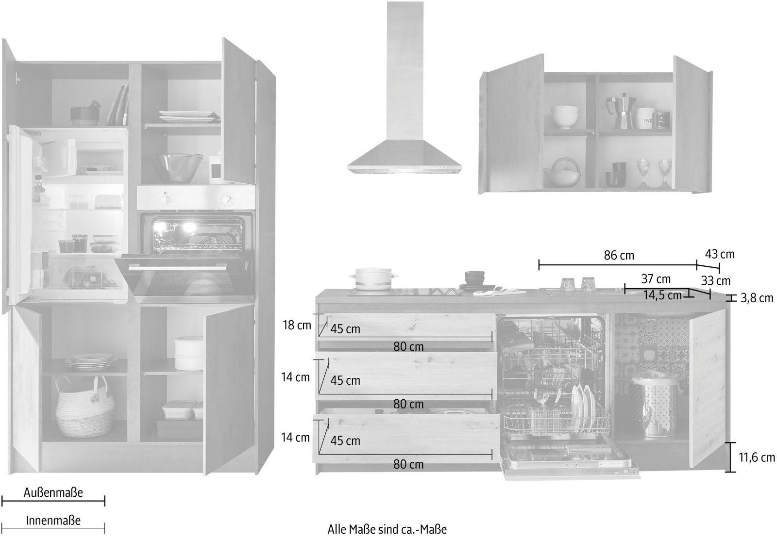 Küchenzeile »Isis«, mit E-Geräten, Breite 337 cm in artisan eichefarben / chromix anthrazit