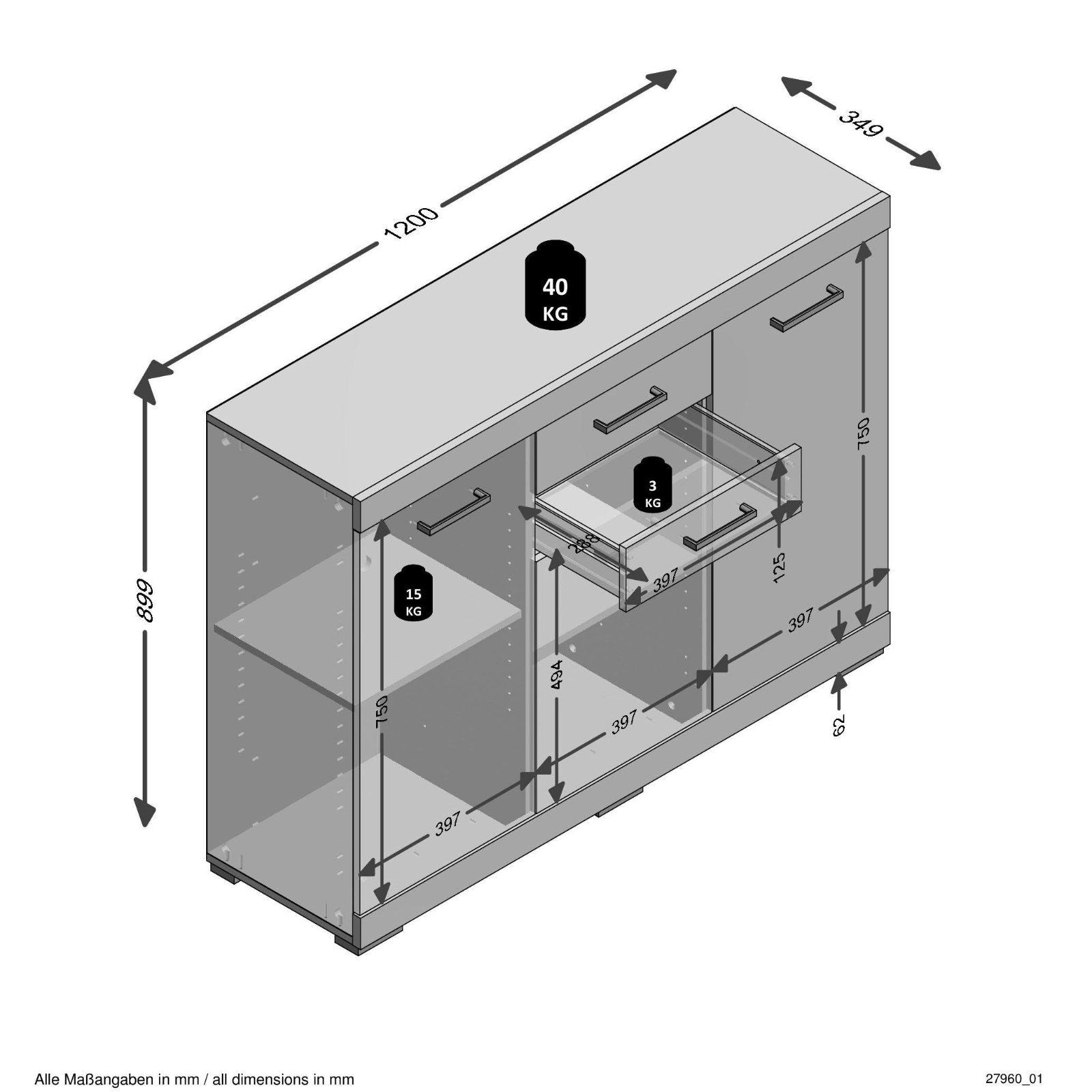 Kommode Bristol in beton weiß-edelglanz, 120cm