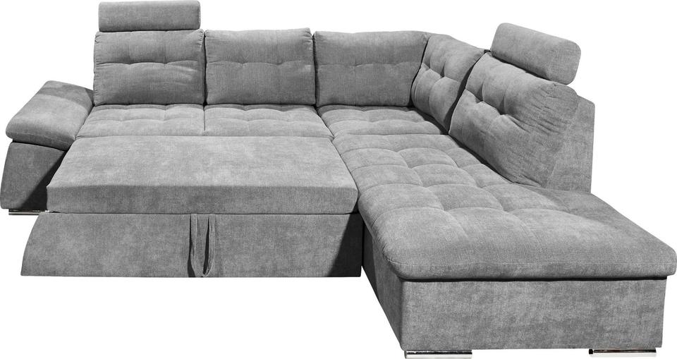 Ecksofa »Nalo«mit Bettfunktion, Bettkasten, Kopfstützen in grau
