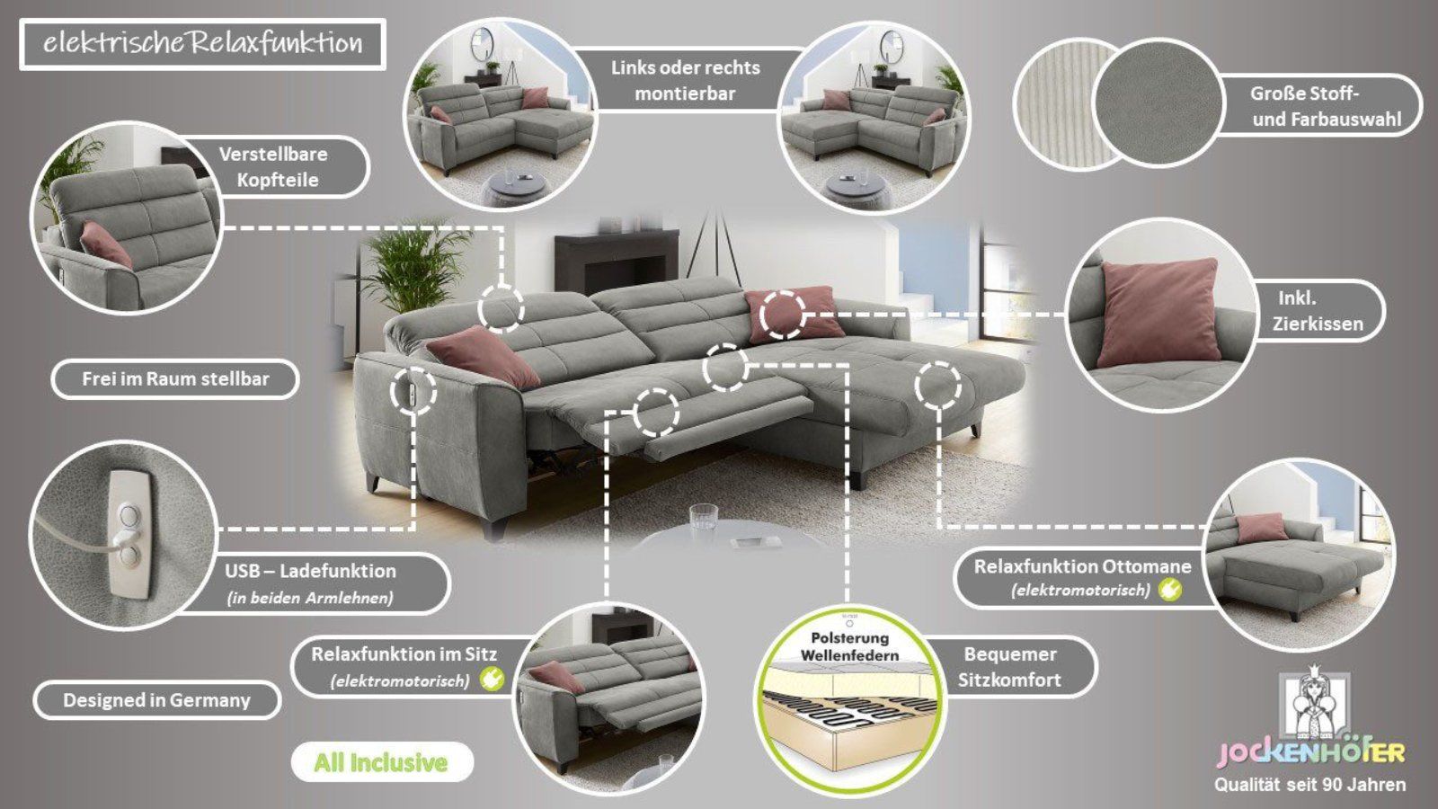 Ecksofa Double One L-Form, 2 x 120cm, elektrische Relaxfunktion, in hellgrau