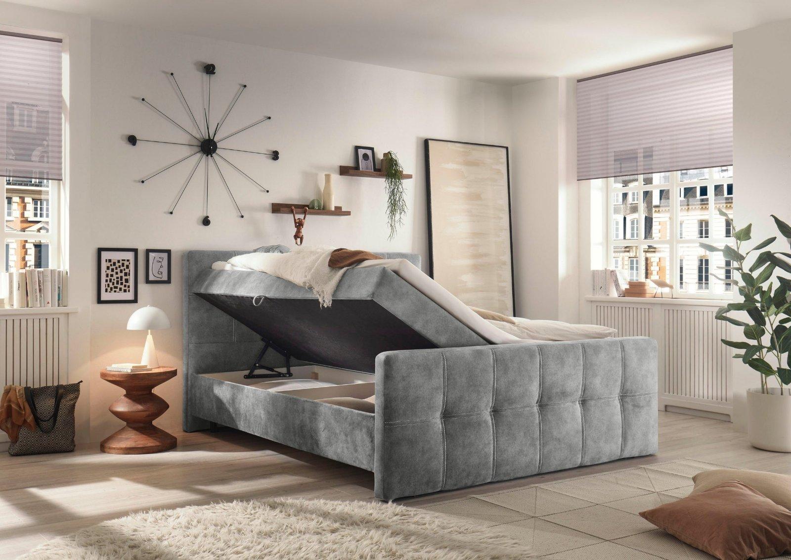 Boxspringbett Valetta, inkl.Topper 180x200cm hellgrau