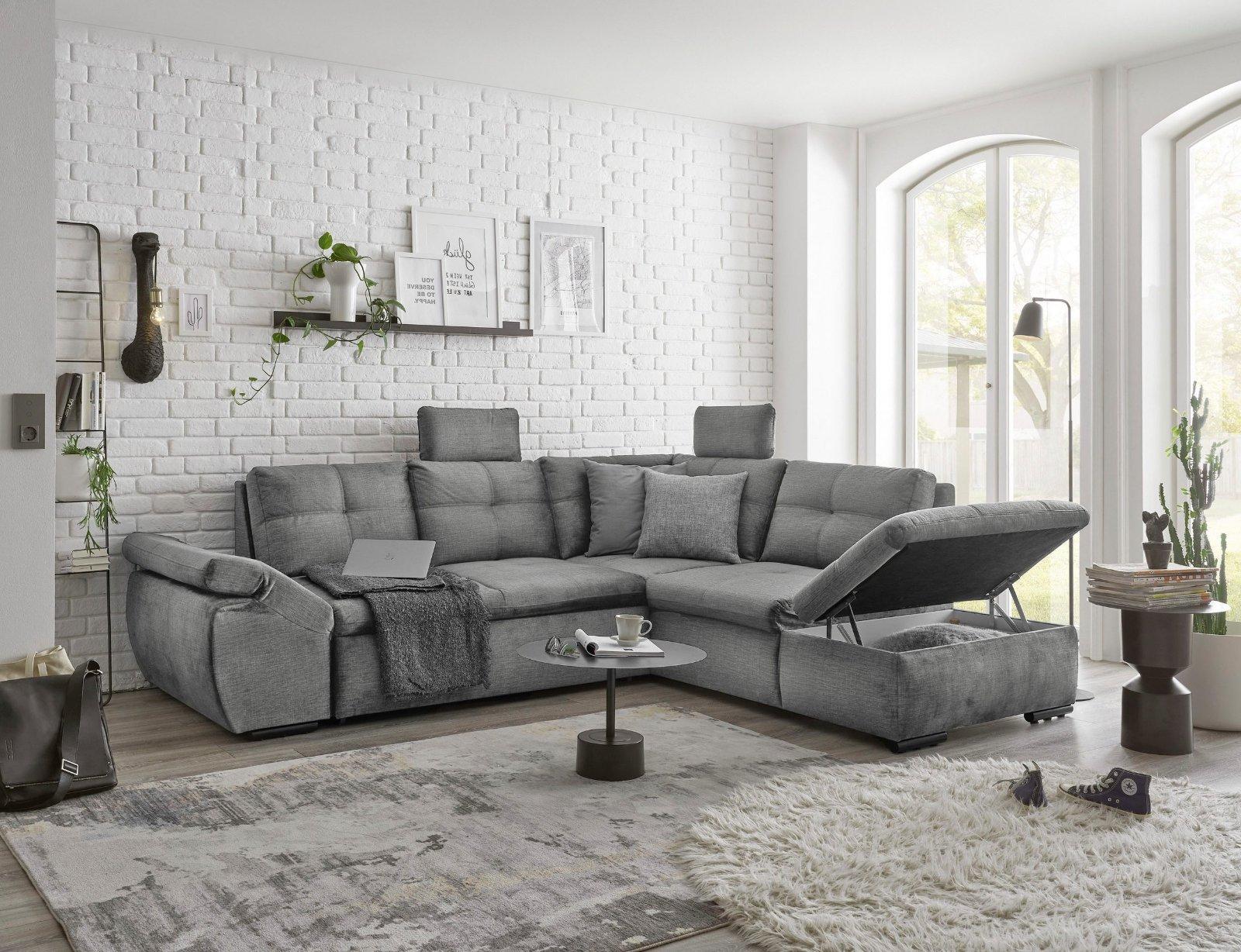 Ecksofas Alija L-Form inkl. Schlaffunktion und Bettkasten grau