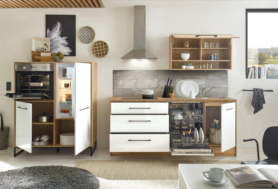 Küche »Seattle« inkl. E-Geräte in weiß hochglanz - artisan/eiche