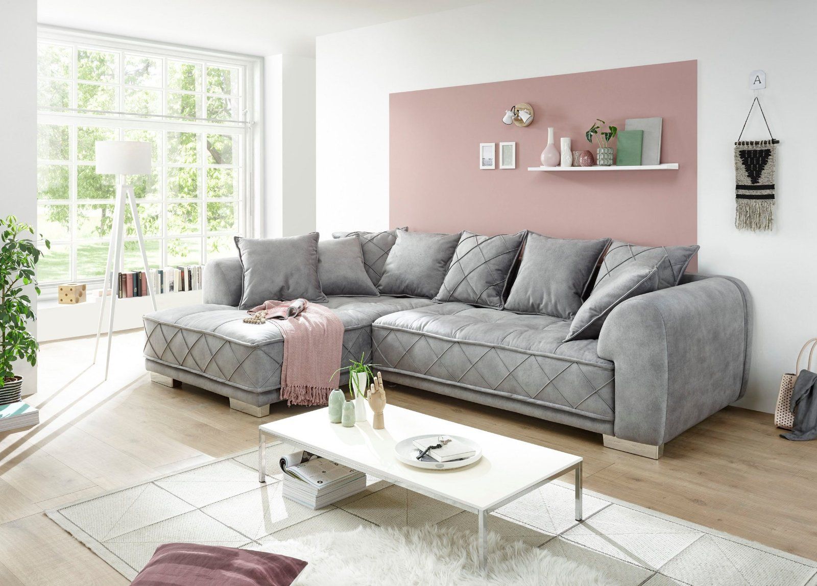 Ecksofa Sentina L-Form, mit Rückenkissen, Microvelours grau