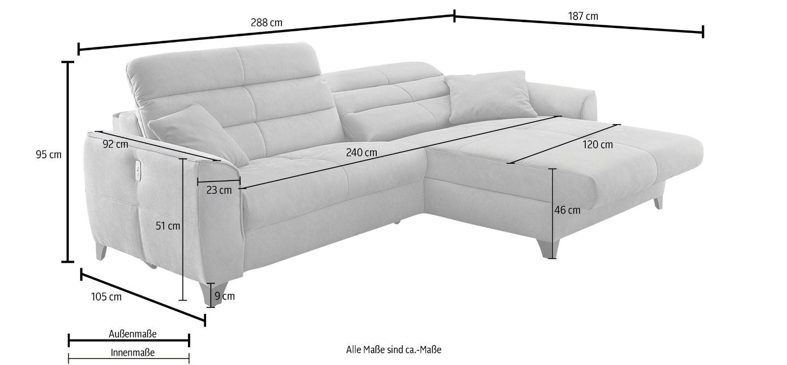 Ecksofa Double One L-Form, 2 x 120cm, elektrische Relaxfunktion, in hellgrau